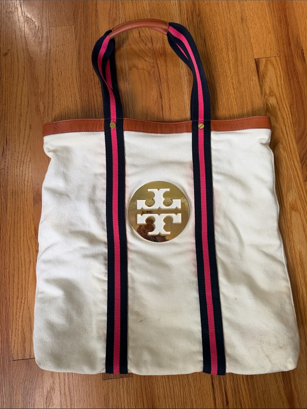 Tory Burch White Canvas Tote with Navy and Pink Striped Handles